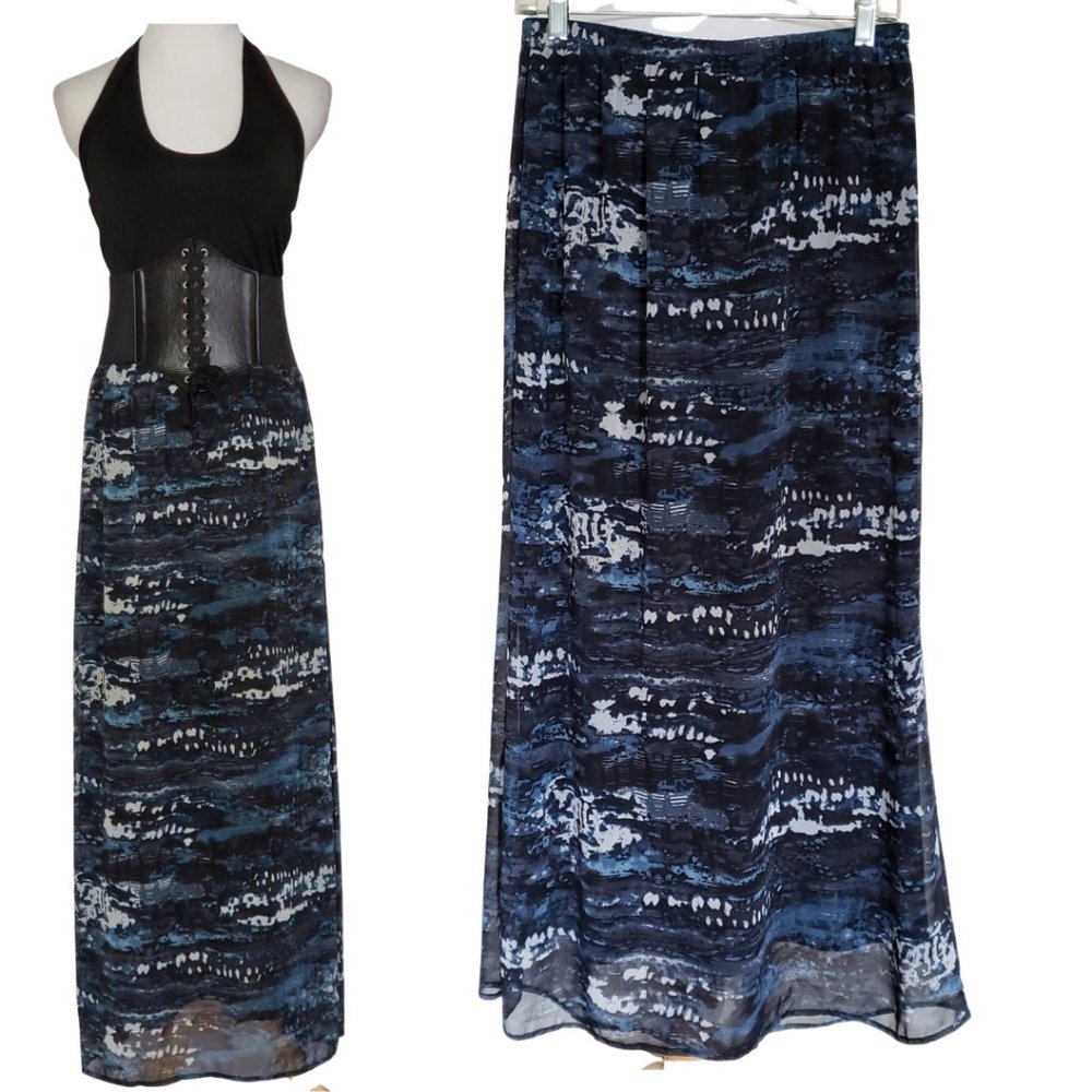 Blue & Black Tie Dye Sheer Overlay Maxi Skirt